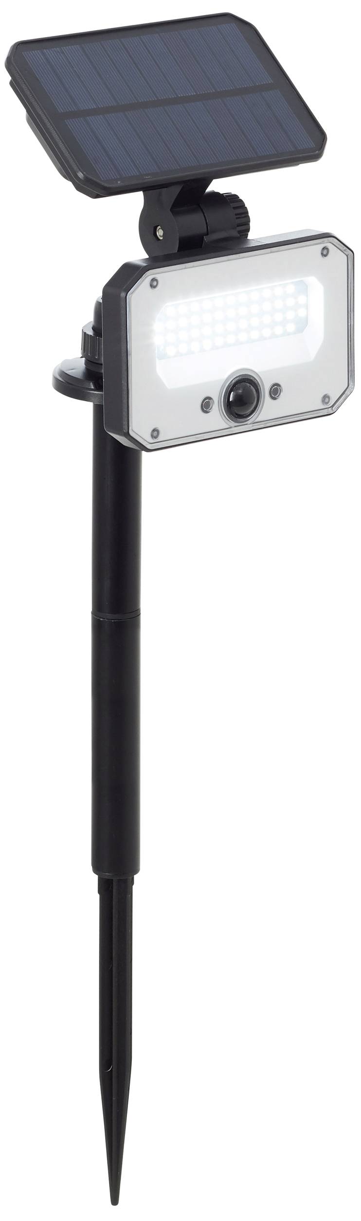Lampe solaire d'extérieur avec piquet de terre, corps lumineux rectangulaire et panneau solaire, adaptée à l'éclairage de jardin.