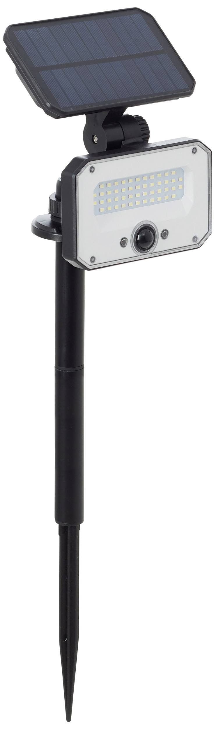 Lampe solaire avec piquet de terre, éclairage LED rectangulaire et panneau solaire sur le dessus. Idéale pour un éclairage écologique dans le jardin.