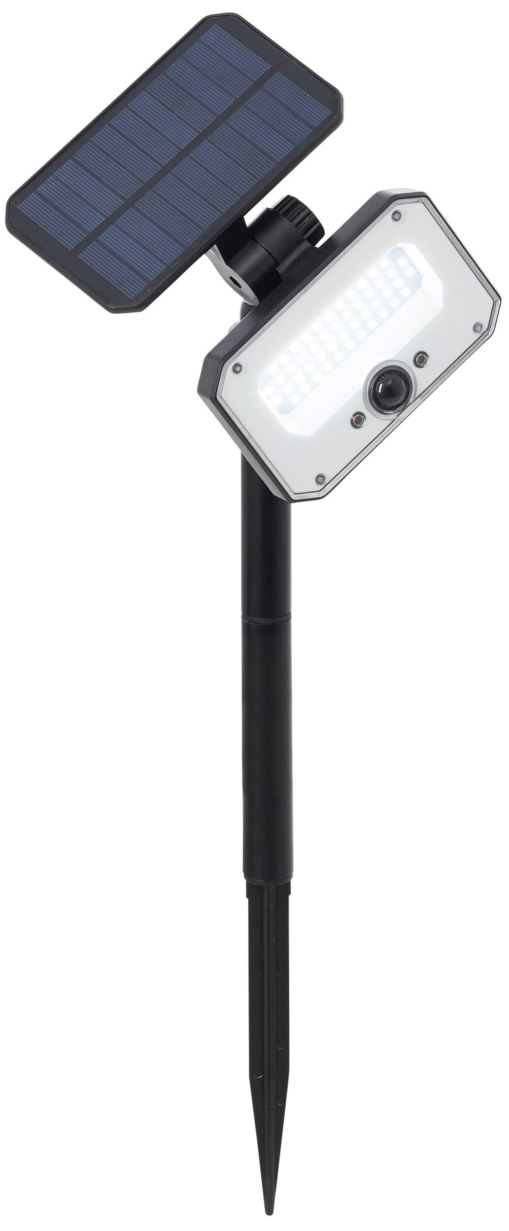 Lampe de jardin solaire avec un panneau solaire en haut et un bloc lumineux rectangulaire. Adaptée à l'éclairage extérieur.