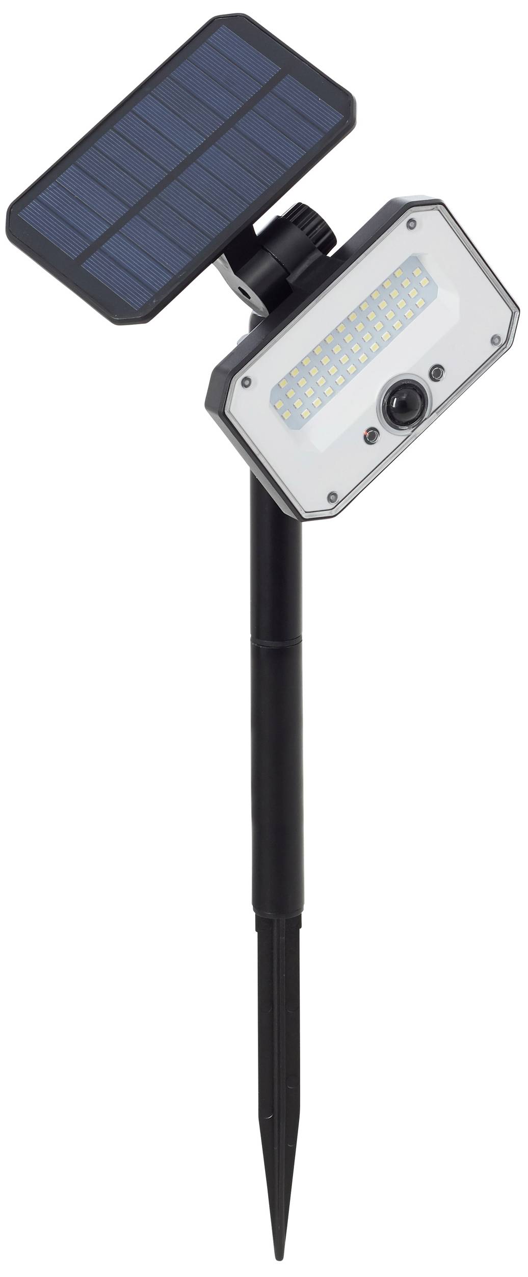 Un éclairage extérieur solaire avec un panneau solaire orientable et un éclairage LED, monté sur un piquet de terre pour l'éclairage de jardin.