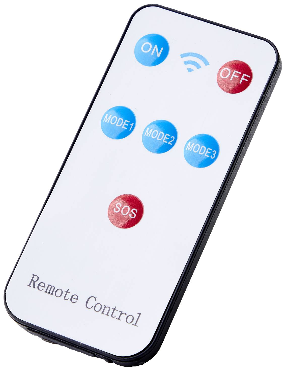 Télécommande manuelle avec touches bleues étiquetées 'MODE1', 'MODE2', 'MODE3', touches rouges 'ON', 'OFF', 'SOS' et symbole Wi-Fi.