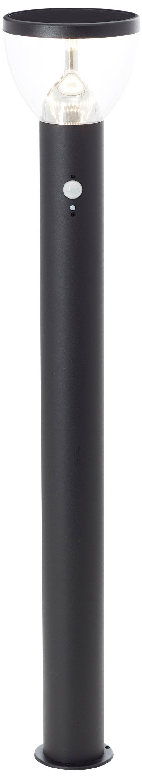 Lampadaire noir au design moderne avec abat-jour transparent et base circulaire, adapté à l'éclairage extérieur.