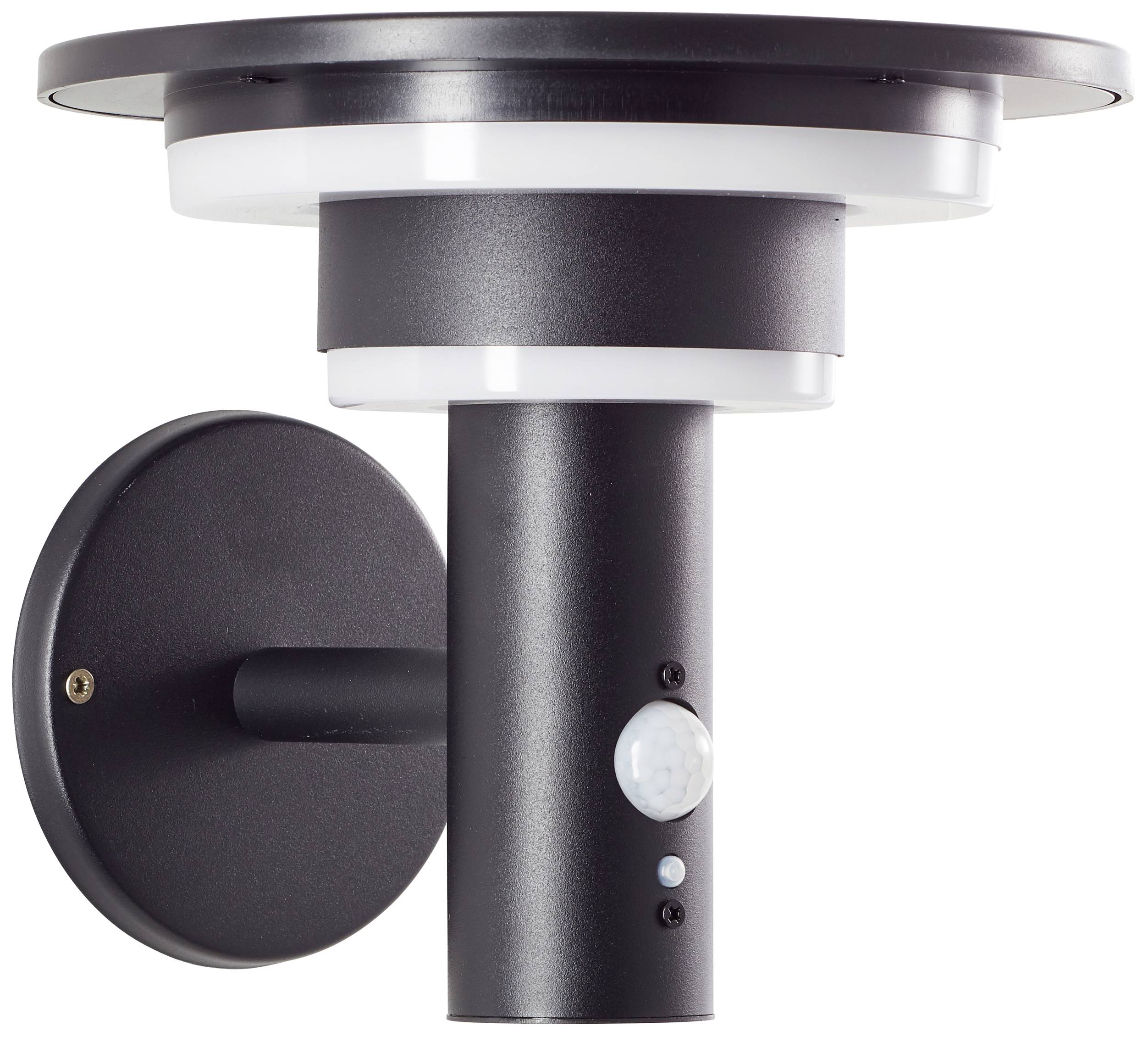 Lampe d'extérieur au design moderne en métal noir et à tête ronde, adaptée aux murs. Capteur de mouvement situé sur la face inférieure.
