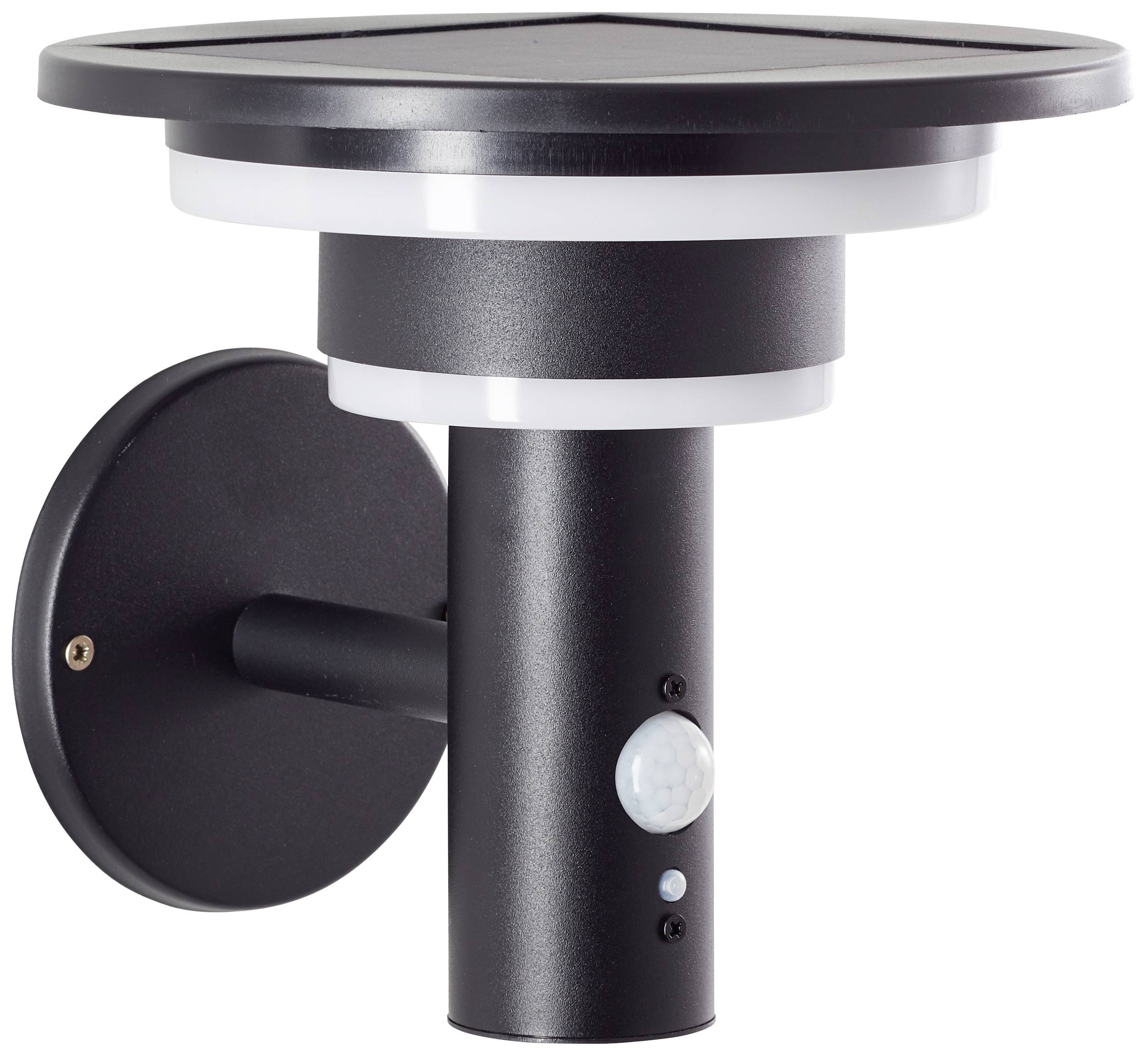 Lampe solaire murale noire avec panneau solaire rond en haut et capteur de mouvement en bas. Idéale pour l'éclairage extérieur.