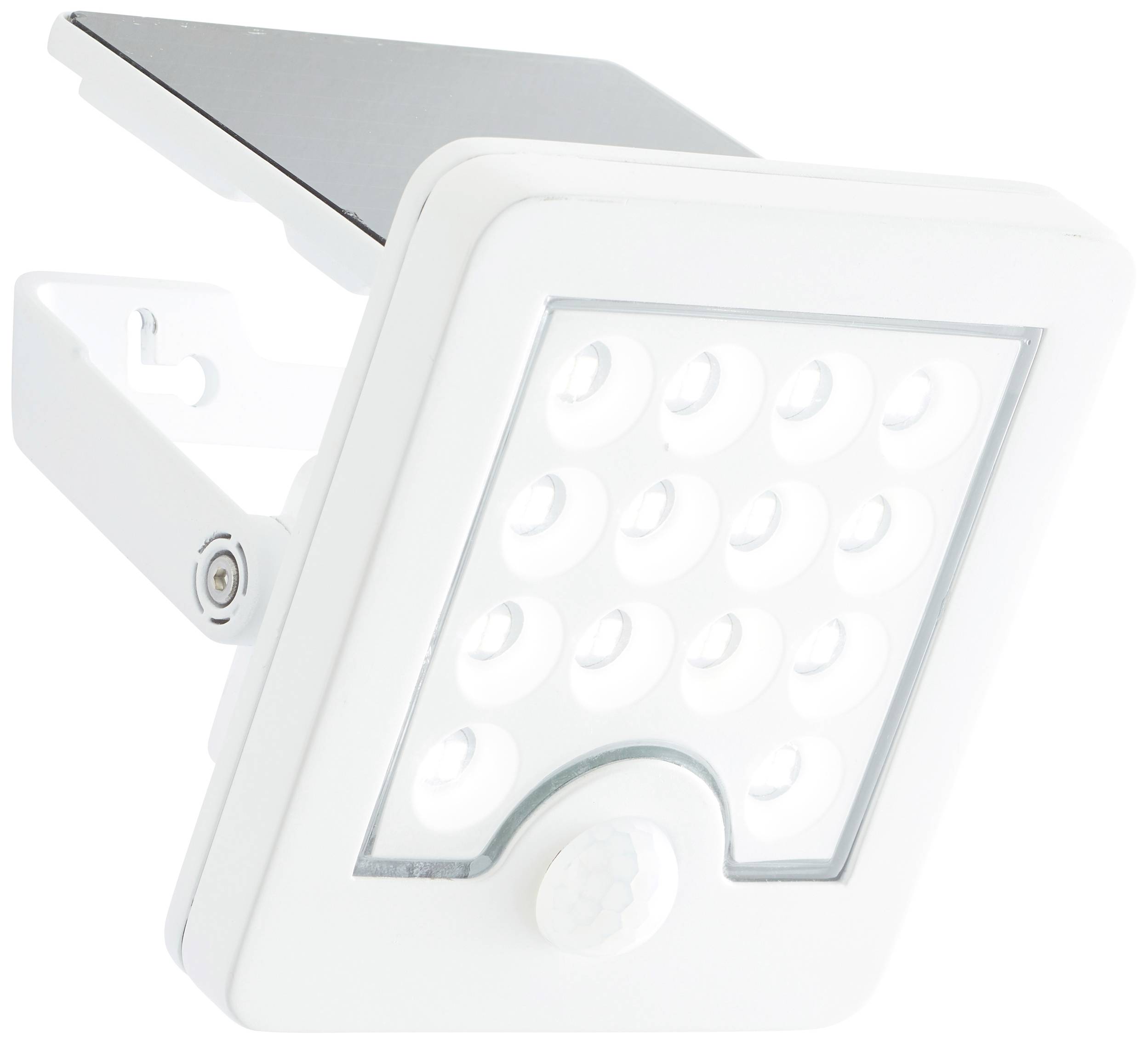 Un projecteur LED blanc avec module solaire, monté sur un support métallique, destiné à une utilisation extérieure.