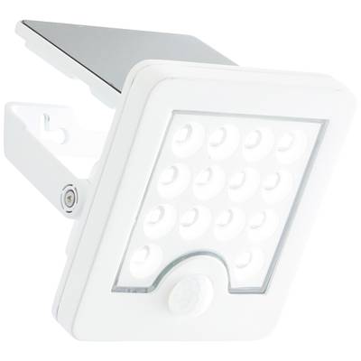 Un projecteur LED blanc avec module solaire, monté sur un support métallique, destiné à une utilisation extérieure.