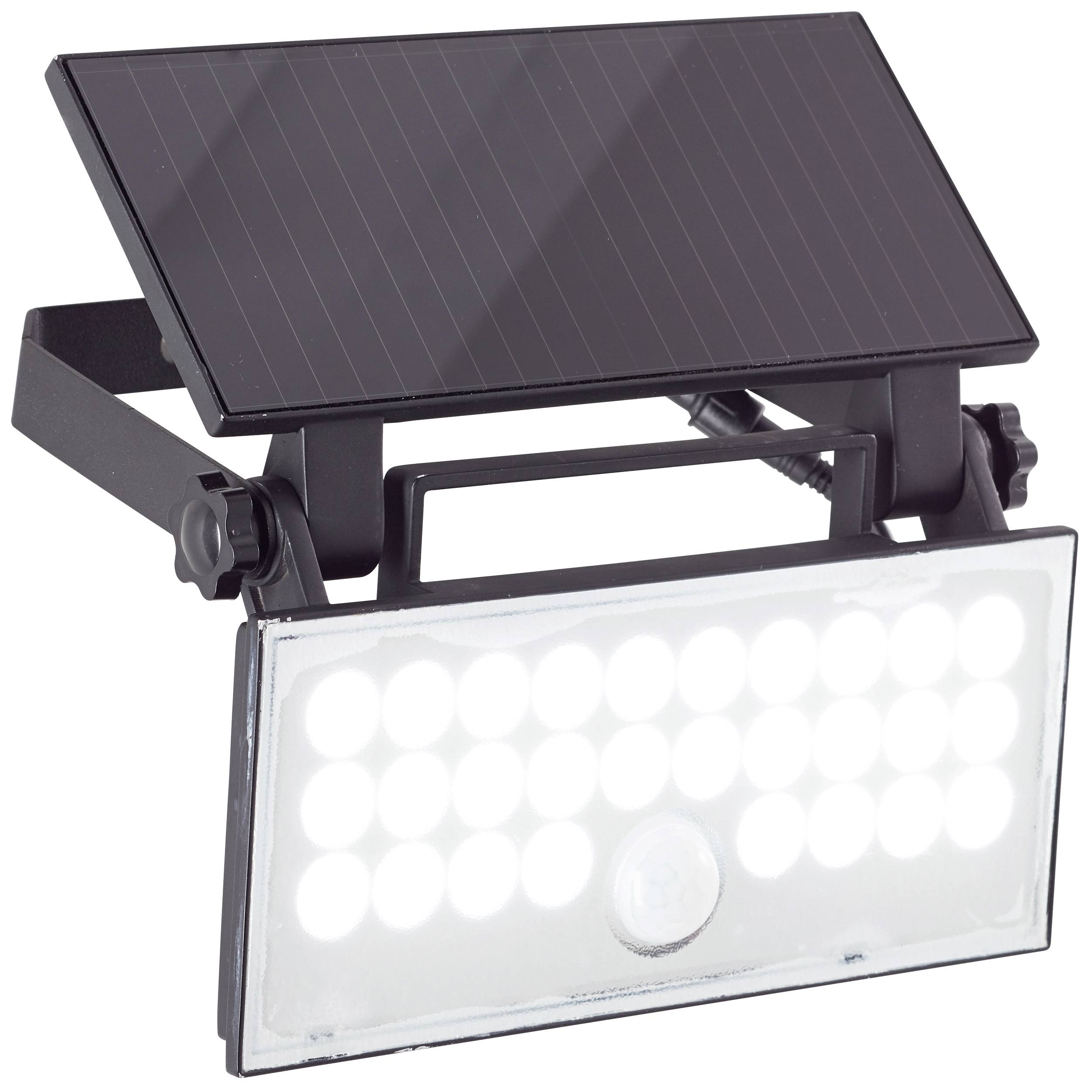Projecteur LED portable avec panneau solaire, adapté à une utilisation extérieure. Solution d'éclairage durable sans consommation électrique.