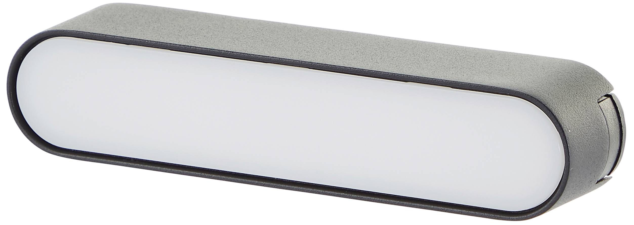 Une barre lumineuse LED rectangulaire grise aux bords arrondis, pouvant être utilisée pour l'éclairage.