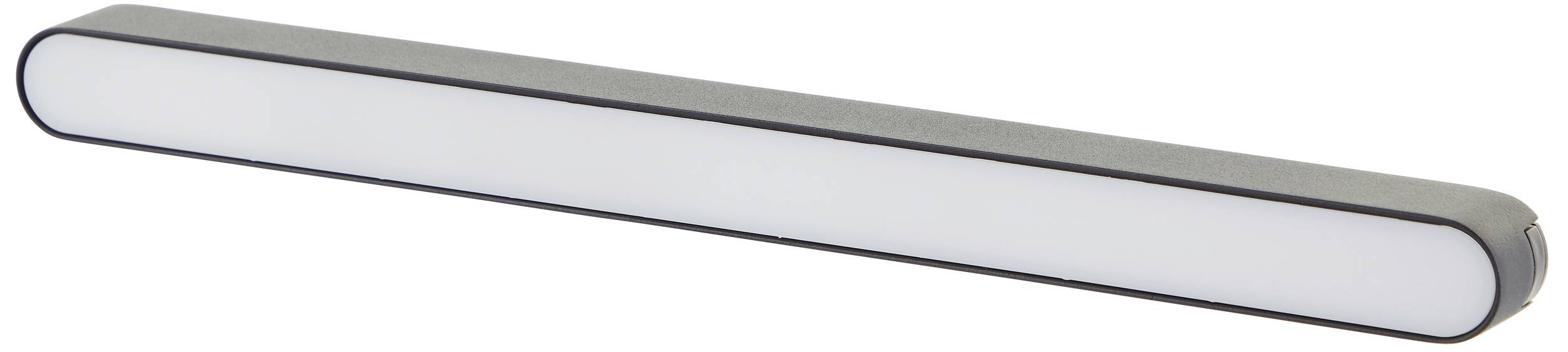 Un luminaire LED rectangulaire allongé avec des coins arrondis, un boîtier argenté et un diffuseur blanc au centre.