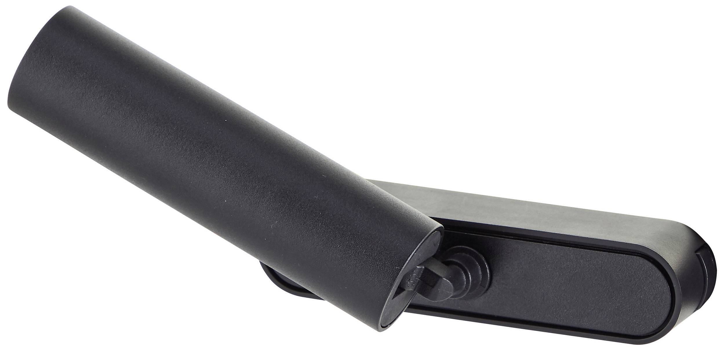 Lampe de table cylindrique noire avec bras pivotant sur base rectangulaire, au design moderne et minimaliste.