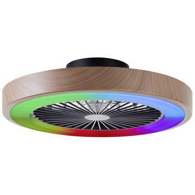 Ventilateur de plafond circulaire avec aspect bois et éclairage LED en vert, bleu et rouge.