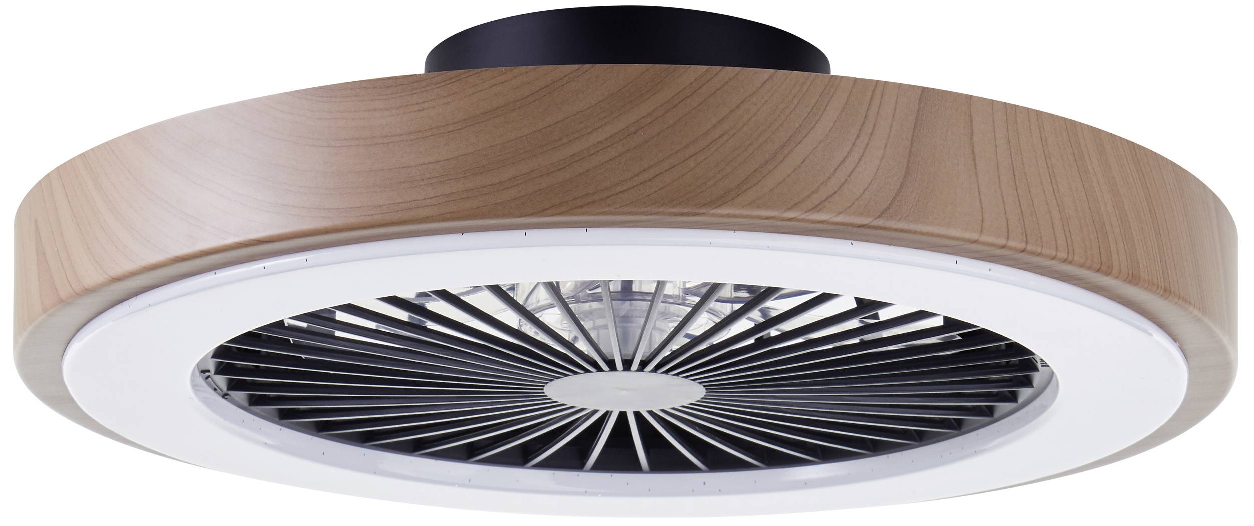 Un ventilateur de plafond moderne avec un cadre en bois, des pales centrales et un éclairage intégré.