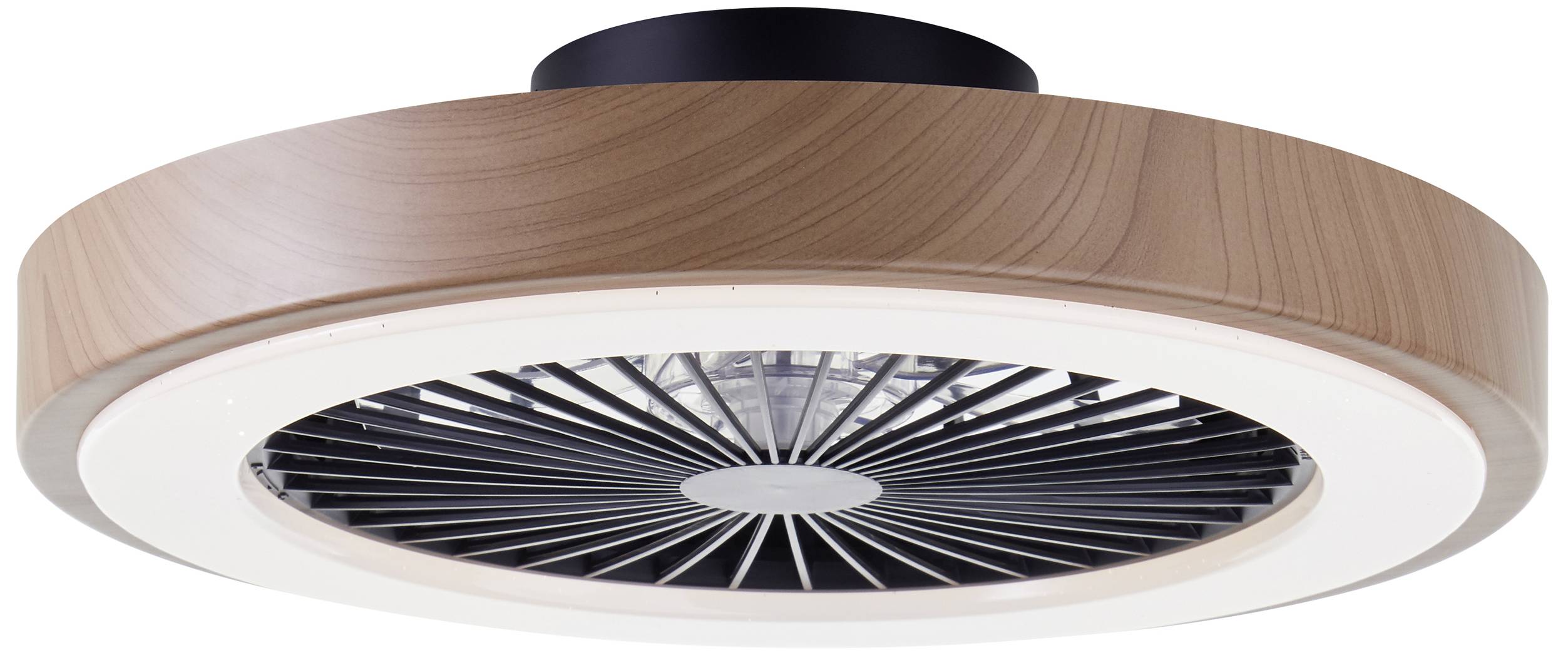 Ventilateur de plafond rond au design aspect bois avec éclairage LED intégré, présentant des caractéristiques de design modernes et fonctionnelles.