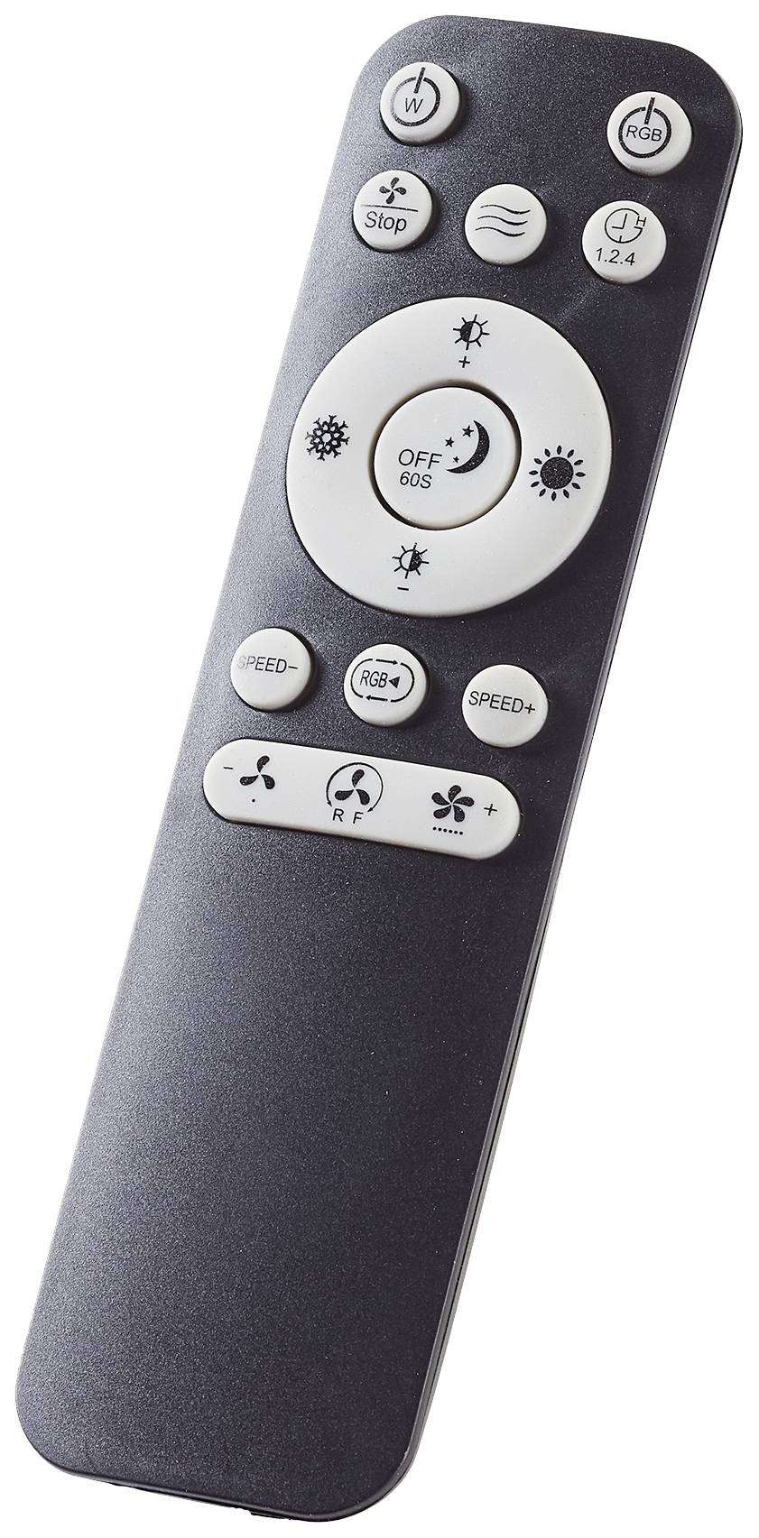 Télécommande noire avec touches Marche/Arrêt, Minuterie, Contrôle de vitesse et Commande d'éclairage.