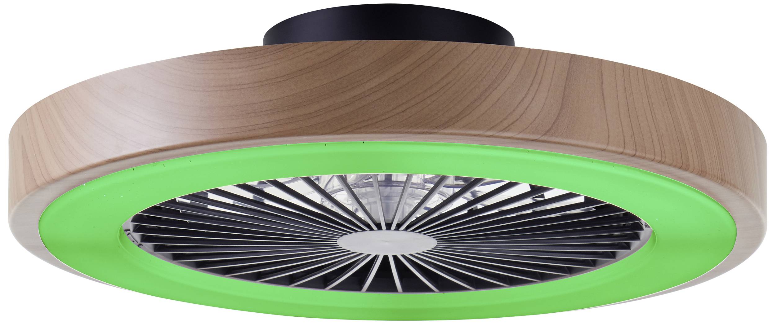 Ventilateur de plafond avec cadre en bois et anneau lumineux vert, design moderne, adapté à l'éclairage et à la circulation de l'air.