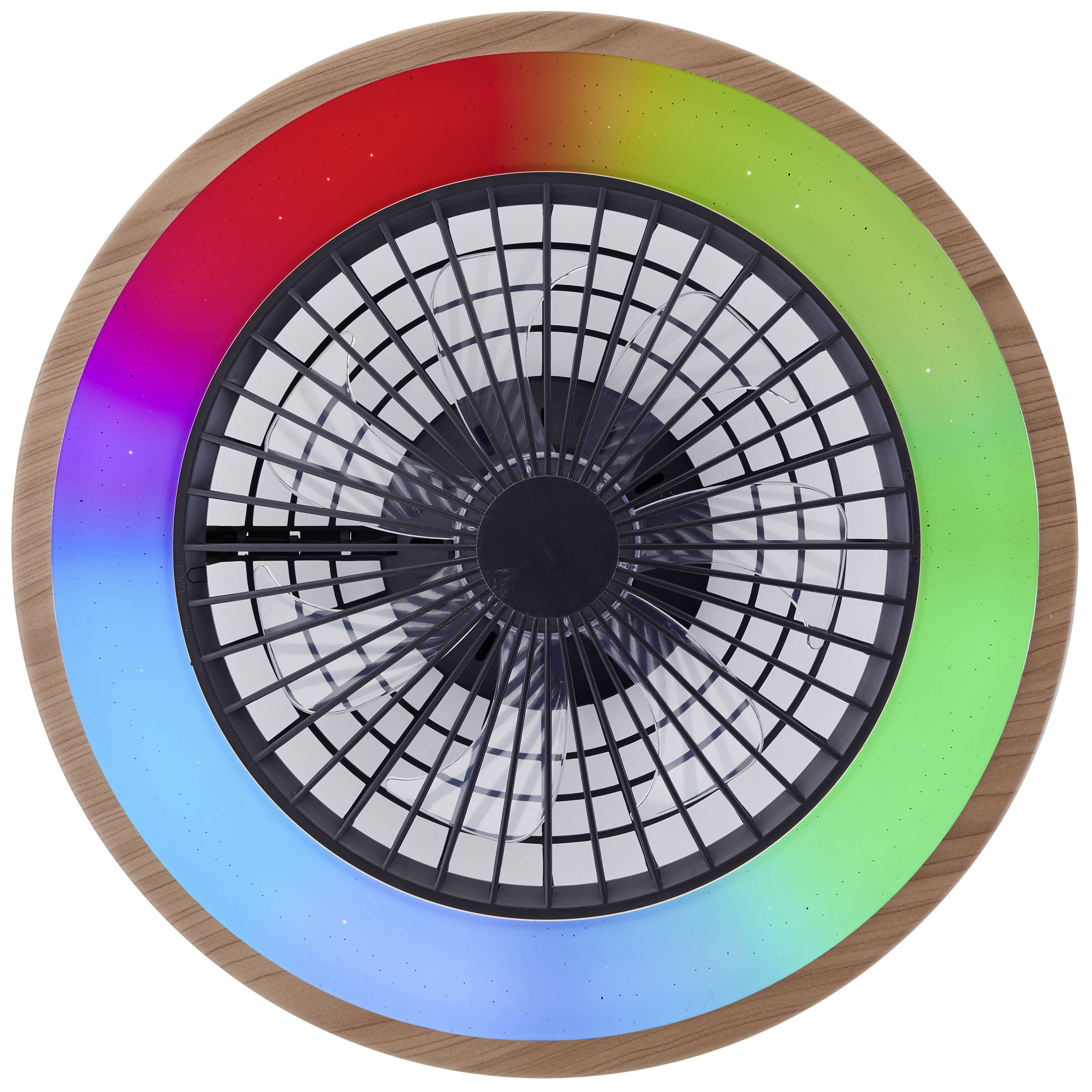 Plafonnier LED rond avec cadre en bois. Les couleurs passent du rouge au bleu, puis au vert autour d'un ventilateur noir et blanc au centre.