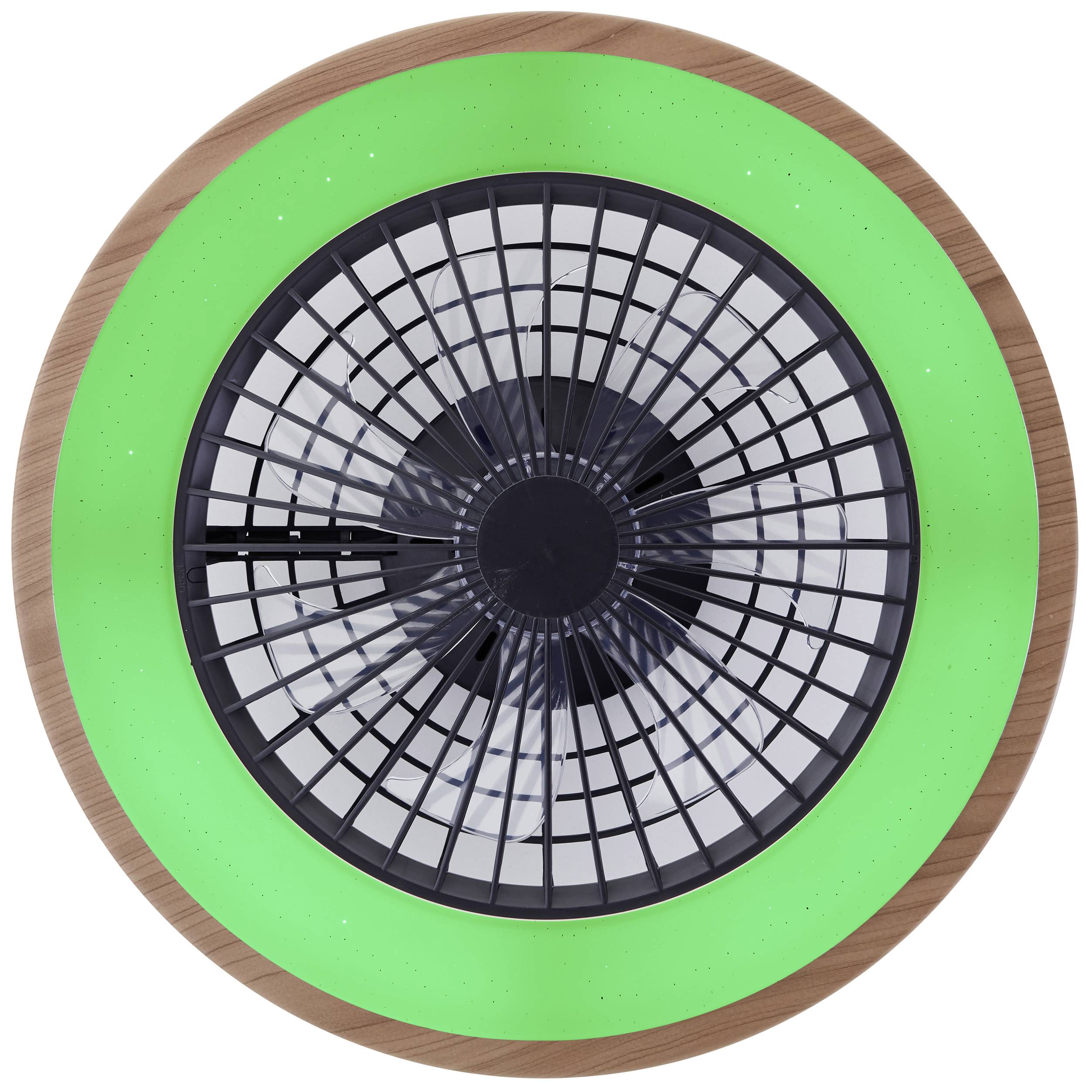 Ventilateur de plafond avec anneau lumineux LED vert, grille noire et pales. Design moderne, économe en énergie.