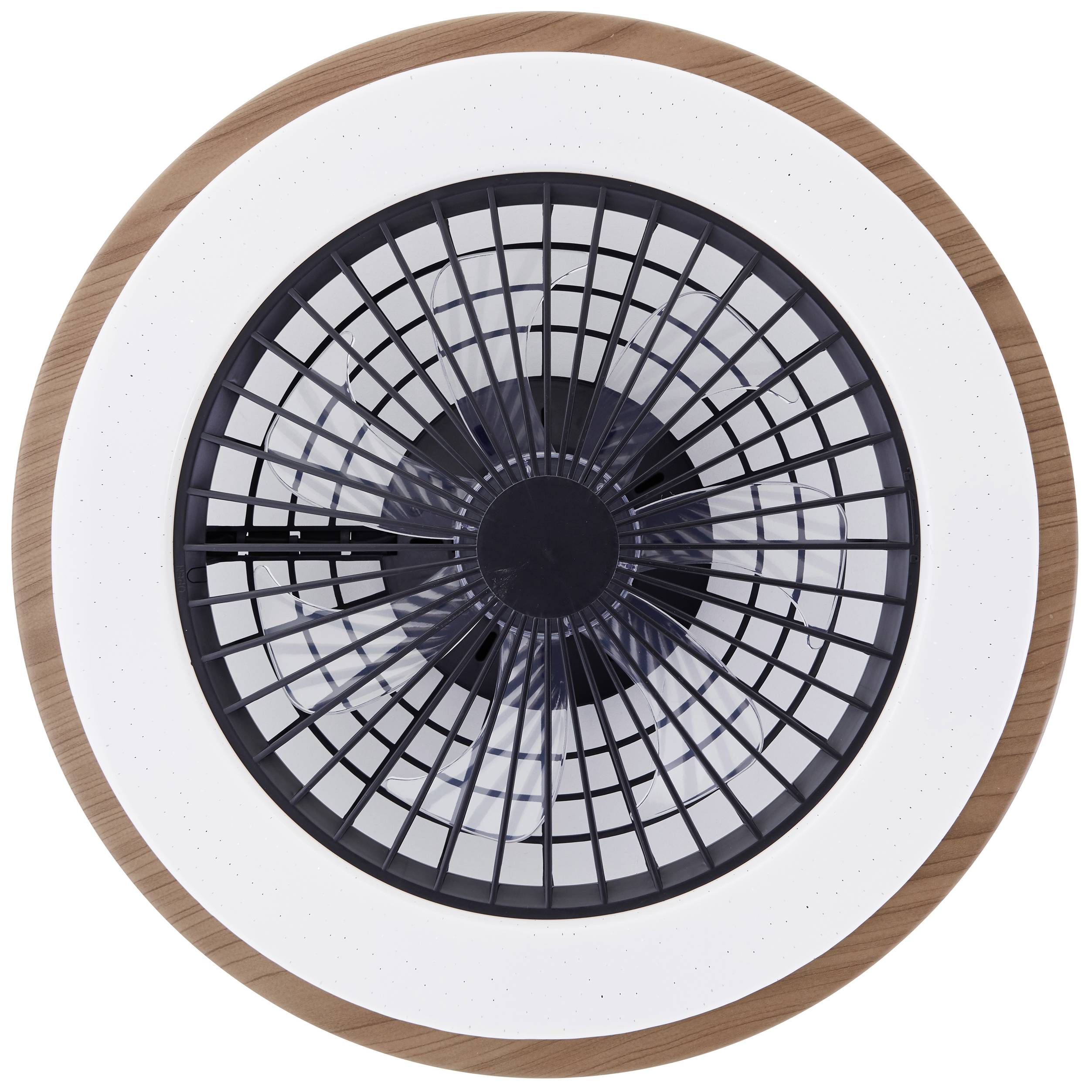 Ventilateur de plafond rond avec un cadre aspect bois et une grille noire. Surface intérieure blanche et lumineuse. Design moderne et épuré.