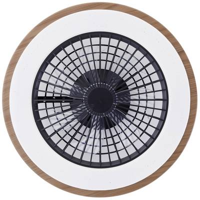 Ventilateur de plafond rond avec un cadre aspect bois et une grille noire. Surface intérieure blanche et lumineuse. Design moderne et épuré.