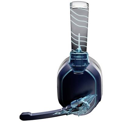 Casque audio bleu au design futuriste avec des lignes structurées, un bras de microphone rabattable et des coussinets d'oreilles souples.