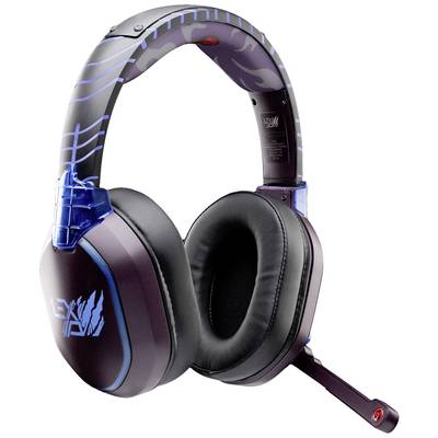 Casque gaming avec microphone sur le côté, design noir et violet avec des touches bleues, adapté pour un usage intensif en jeu.