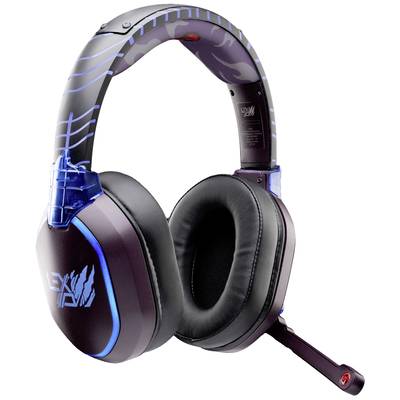 Casque de gaming noir avec microphone, écouteurs rembourrés et détails bleus. Design avec des éléments lumineux sur les côtés.