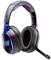 Casque de gaming noir avec microphone, écouteurs rembourrés et détails bleus. Design avec des éléments lumineux sur les côtés.