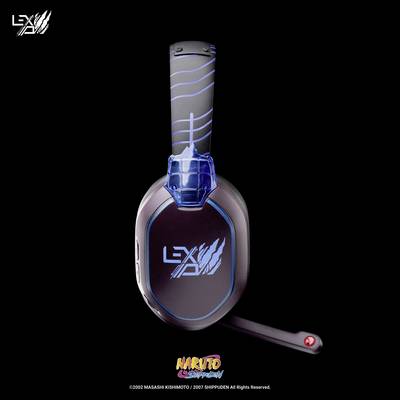Un casque gaming moderne noir et bleu avec le logo 'LEX' sur le côté de l'écouteur, présenté sur un fond noir.