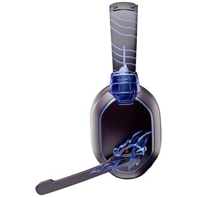 Casque de gaming noir avec un design de dragon bleu sur le pavillon. Le microphone est orienté vers l'avant.