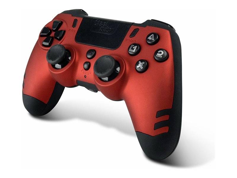 Manette de jeu rouge et noire avec plusieurs boutons et joysticks.