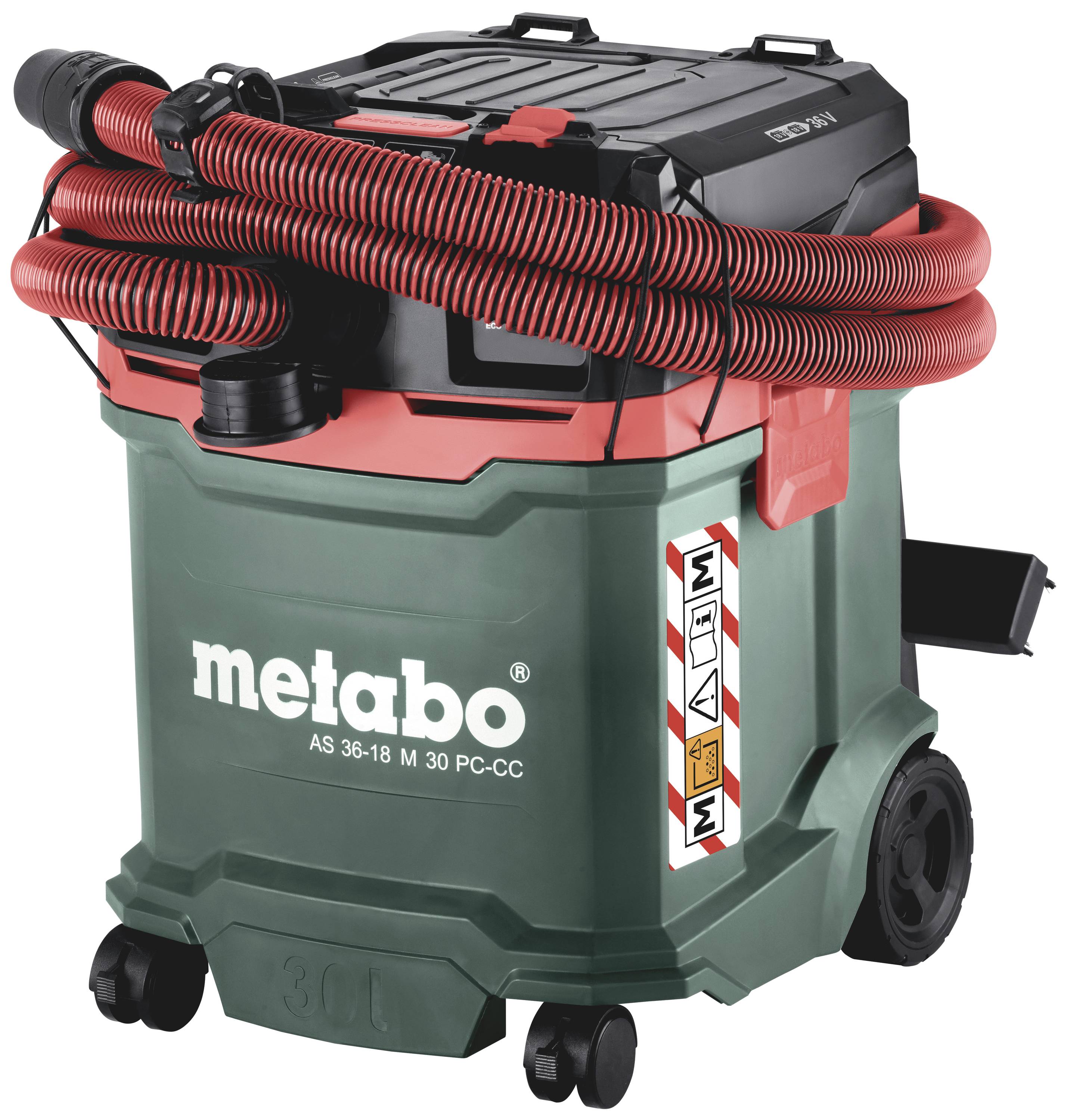 Aspirateur industriel Metabo AS 36-18 M 30 PC-CC avec tuyau rouge, boîtier vert, monté sur roues. Idéal pour chantier et atelier.