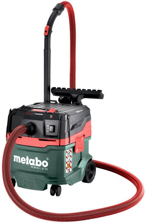 Aspirateur de nettoyage humide/sec avec tuyau rouge et poignée, présenté sur un fond blanc