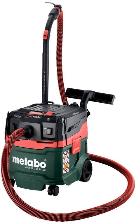 Aspirateur Metabo eau et poussière avec tuyau rouge et flexible, présenté sur fond blanc.