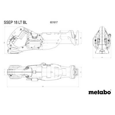 Dessin technique d'un outil Metabo SSEP 18 LT BL avec vues de côté, de dessus et de face, mettant en évidence les dimensions et les détails de conception.