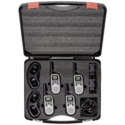 Mallette de rangement avec quatre radios portatives, chargeur et accessoires dans un intérieur en mousse découpée. Idéal pour les voyages ou les activités de plein air.