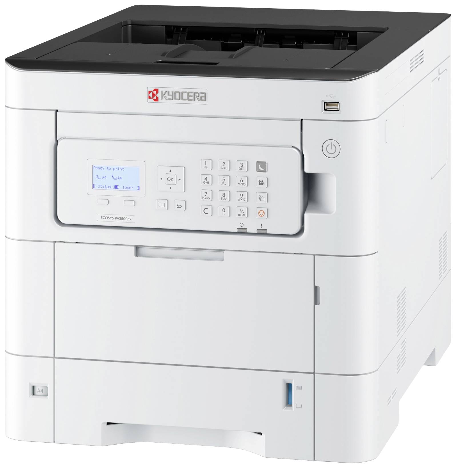 Imprimante blanche de Kyocera avec écran et clavier numérique à l'avant, port USB sur le côté.