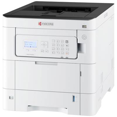 Imprimante blanche de Kyocera avec écran et clavier numérique à l'avant, port USB sur le côté.