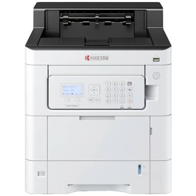 Une imprimante de bureau blanche avec écran et clavier numérique, adaptée pour l'impression de documents au bureau. Un bac de sortie papier est situé sur le dessus.