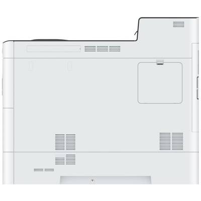 Un grand appareil électronique blanc avec plusieurs fentes de ventilation et volets, probablement une imprimante ou un photocopieur.