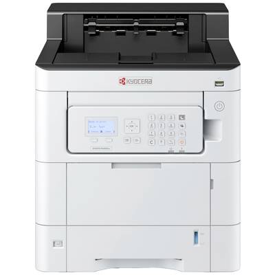 Une imprimante laser blanche avec un panneau de commande et un écran. Le bac de sortie papier se trouve sur le dessus. Marque : Kyocera.