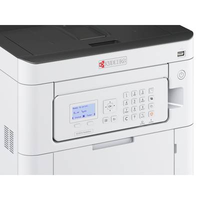 Une imprimante Kyocera grise avec un écran rétroéclairé affiche « Prêt à imprimer ». Pavé de touches à droite de l'écran, l'imprimante est en mode veille.