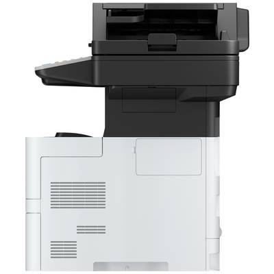 Un imprimante multifonction avec scanner et copieur, vue de côté. L'appareil est noir et blanc, sans identification de marque visible.