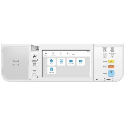 Un panneau de commande d'imprimante avec un écran tactile affiche différentes fonctions : 'Copier', 'Envoyer', 'Bac personnalisé', 'Liste des tâches', 'Lecteur USB'.