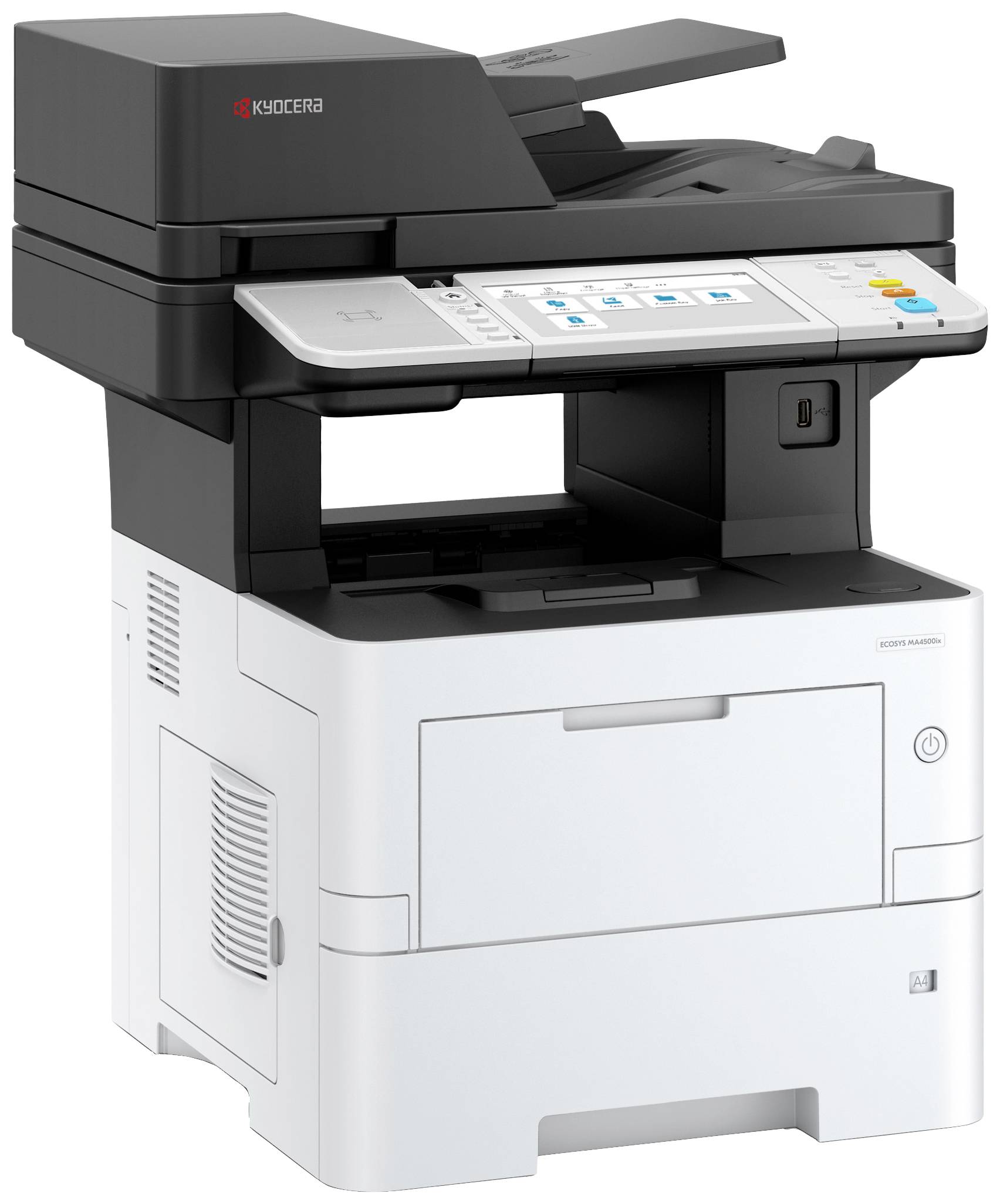 Une imprimante multifonction noir et blanc avec un panneau de commande en haut. Adaptée aux applications de bureau telles que l'impression, la numérisation et la copie.