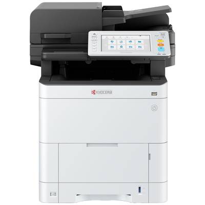 Un imprimante multifonction avec un panneau de commande affichant des symboles pour copier, numériser, imprimer et télécopier ; le logo Kyocera est visible.