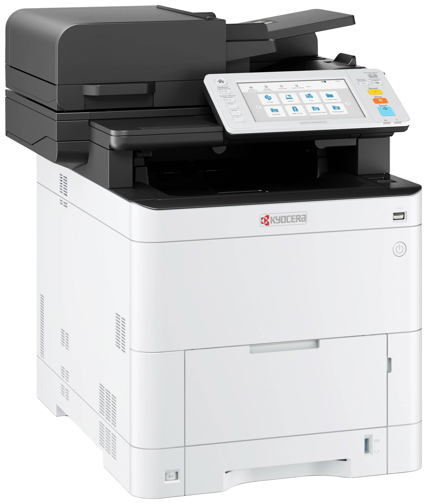 Une imprimante multifonction moderne avec un panneau de commande à écran tactile, affichant des symboles pour les fonctions d'impression, de numérisation et de copie.