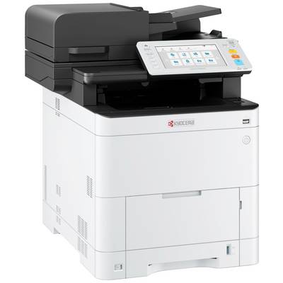 Une imprimante multifonction moderne avec un panneau de commande à écran tactile, affichant des symboles pour les fonctions d'impression, de numérisation et de copie.