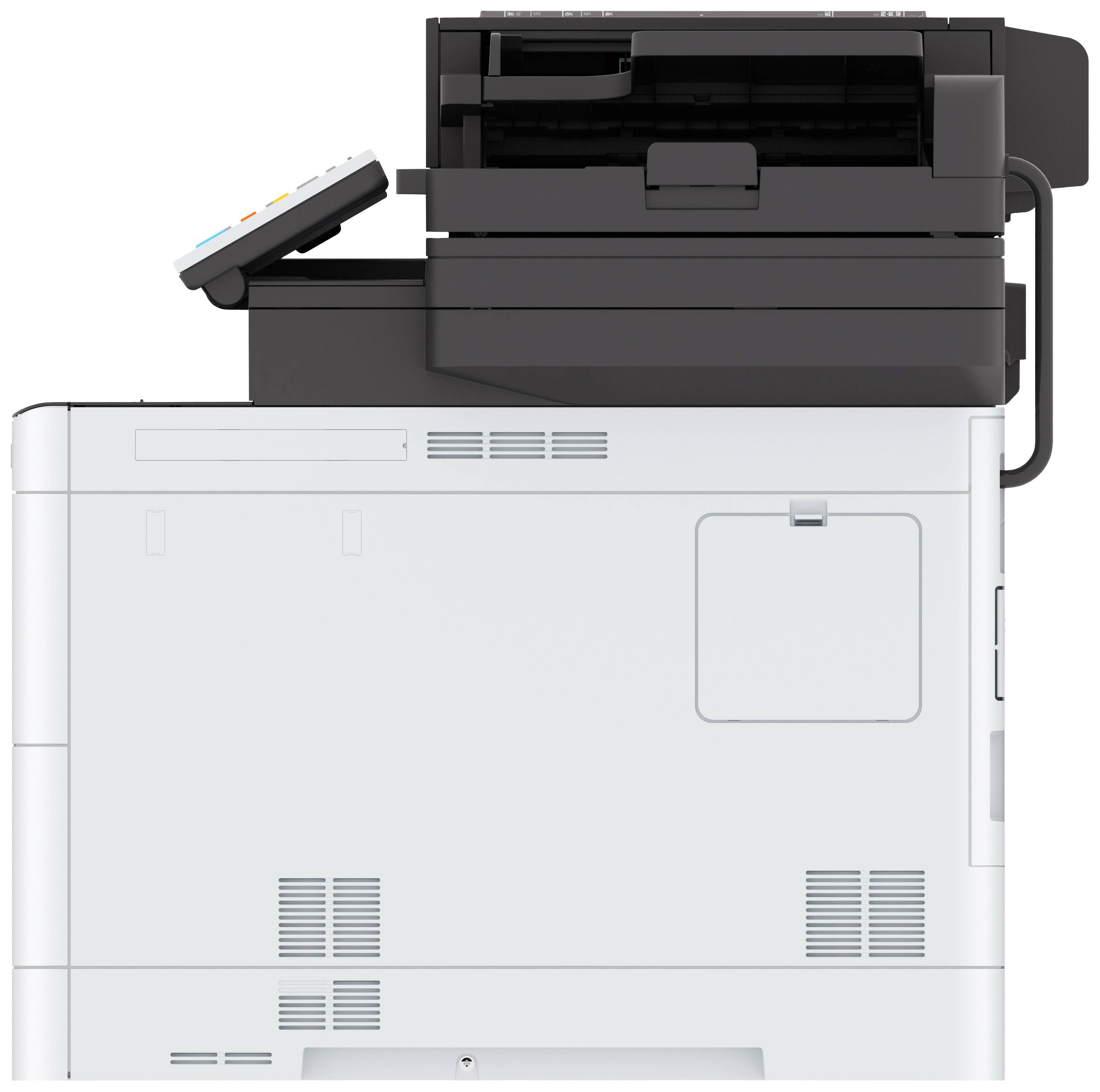 Un imprimante multifonction blanche avec un panneau de commande noir en haut, adapté aux applications de bureau et à la gestion documentaire.