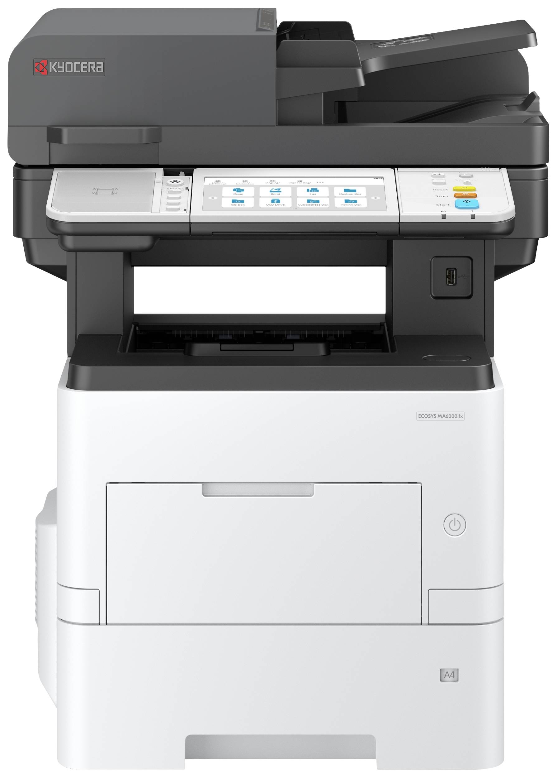 Une imprimante avec un chargeur papier supérieur, un clavier à symboles et un écran. Le logo de Kyocera est visible en haut à gauche.