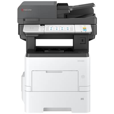 Une imprimante avec un chargeur papier supérieur, un clavier à symboles et un écran. Le logo de Kyocera est visible en haut à gauche.